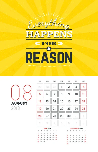 Wall Calendar Template for August 2018. Vector Design Print Template with Typographic Motivational Quote on Yellow Textured Background. Week starts on Sunday — Stock Vector