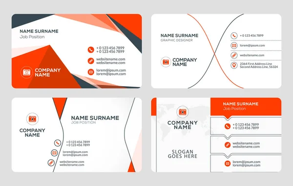 Set of 4 business card templates. Flat design vector illustration. Stationery design. Red and black color theme — Stock Vector