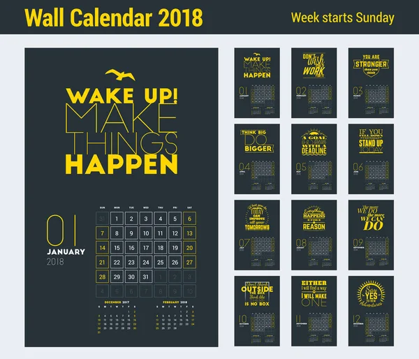 Πρότυπο ημερολόγιο τοίχου για το έτος 2018. Διάνυσμα πρότυπο εκτύπωσης σχεδιασμός με τυπογραφικά παρακίνησης σε σκούρο φόντο. Εβδομάδα ξεκινά την Κυριακή — Διανυσματικό Αρχείο