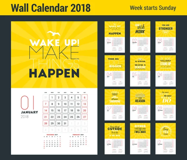 Duvar takvimi şablonunu 2018 yıl için. Vektör tasarım Sarı zemin üzerine tipografik motivasyonel teklif yazdırma şablonu. Hafta Pazar günü başlar