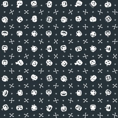 Cadılar Bayramı arka plan. Dikişsiz desen tasarım. Siyah ve beyaz renk teması. Vektör çizim