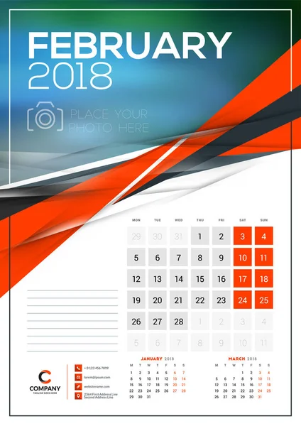 Vector kalendermall för februari 2018. Vektor design Skriv ut mallen med abstrakt triangel element och plats för foto. Veckan börjar på måndag — Stock vektor