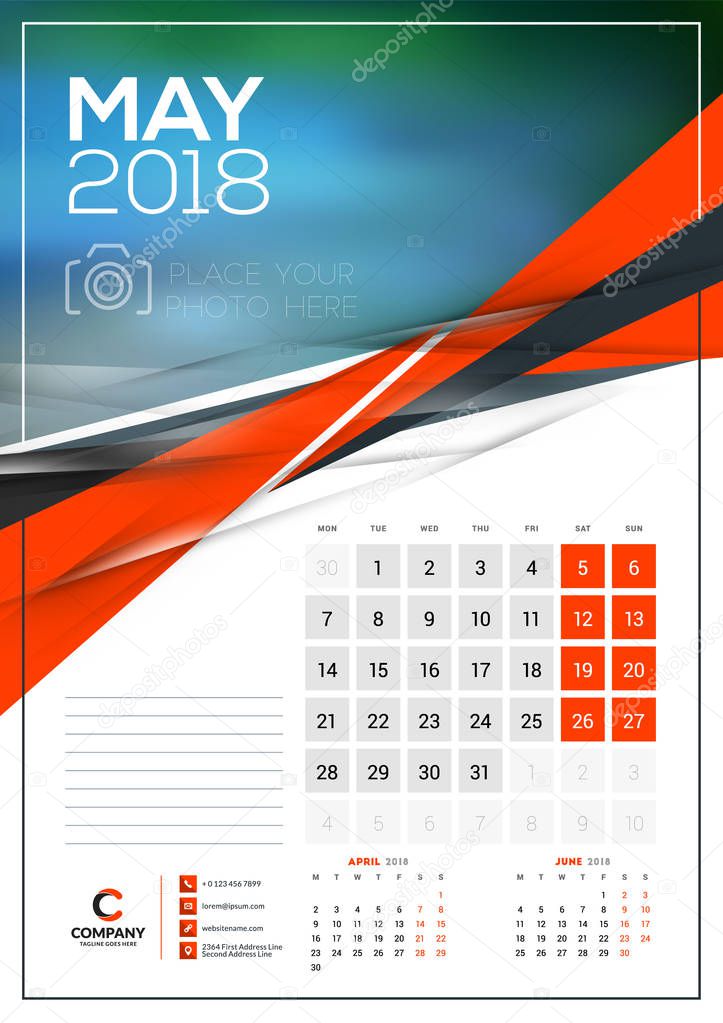Vector calendar template for May 2018. Vector design print template with abstract triangle elements and place for photo. Week starts on Monday