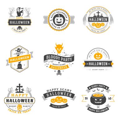 Mutlu Cadılar Bayramı rozetleri veya etiket kümesidir. Vektör tasarım öğeleri için tebrik kartı, parti el ilanı ve promosyon malzemeleri. Vektör çizim