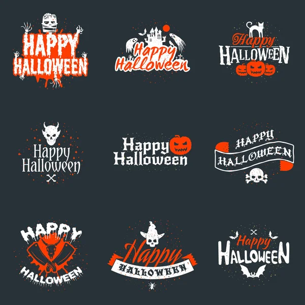 Set of happy Halloween badges or labels. Vector design elements for greetings card, party flyer and promotional materials. Vector illustration — Stock Vector