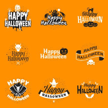 Mutlu Cadılar Bayramı rozetleri veya etiket kümesidir. Vektör tasarım öğeleri için tebrik kartı, parti el ilanı ve promosyon malzemeleri. Vektör çizim