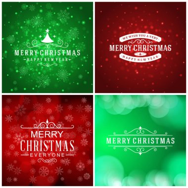 Neşeli Noel ve mutlu yeni yıl dekoratif rozetleri kümesi için tebrik kartları ve davetiyeler. Vektör çizim. Renkli arka plan ile kar taneleri ve ışıklar