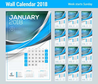 Vektör takvimi şablonunu 2018 yıl için. 12 ay kümesi. Vektör tasarım şablonu soyut dalga elemanları ile baskı ve fotoğraf için yer. Hafta Pazar günü başlar