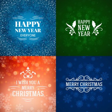Neşeli Noel ve mutlu yeni yıl dekoratif rozetleri kümesi için tebrik kartları ve davetiyeler. Vektör çizim. Renkli arka plan ile kar taneleri ve ışıklar