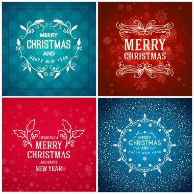 Neşeli Noel ve mutlu yeni yıl dekoratif rozetleri kümesi için tebrik kartları ve davetiyeler. Vektör çizim. Renkli arka plan ile kar taneleri ve ışıklar