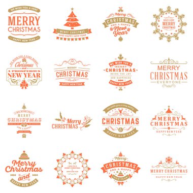 Neşeli Noel ve mutlu yeni yıl dekoratif rozetleri kümesi için tebrik kartları ve davetiyeler. Vektör çizim. Tipografik tasarım öğeleri