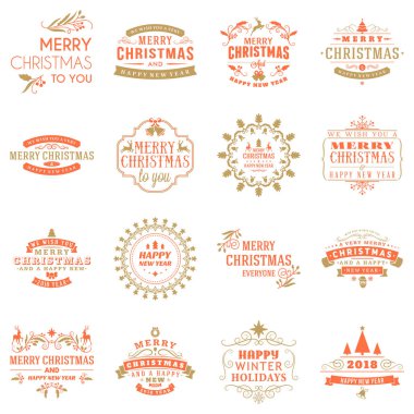 Neşeli Noel ve mutlu yeni yıl dekoratif rozetleri kümesi için tebrik kartları ve davetiyeler. Vektör çizim. Tipografik tasarım öğeleri