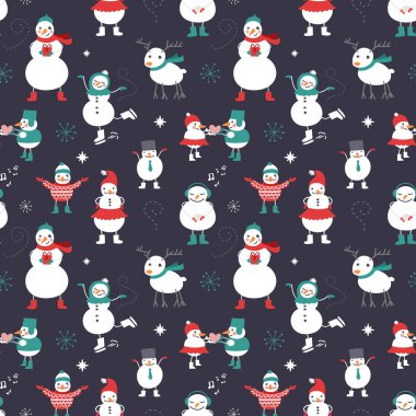 Snowmans mavi buz ile sevimli Noel seamless modeli. Vektör arka plan kaydırma kağıt veya tebrik kartları için