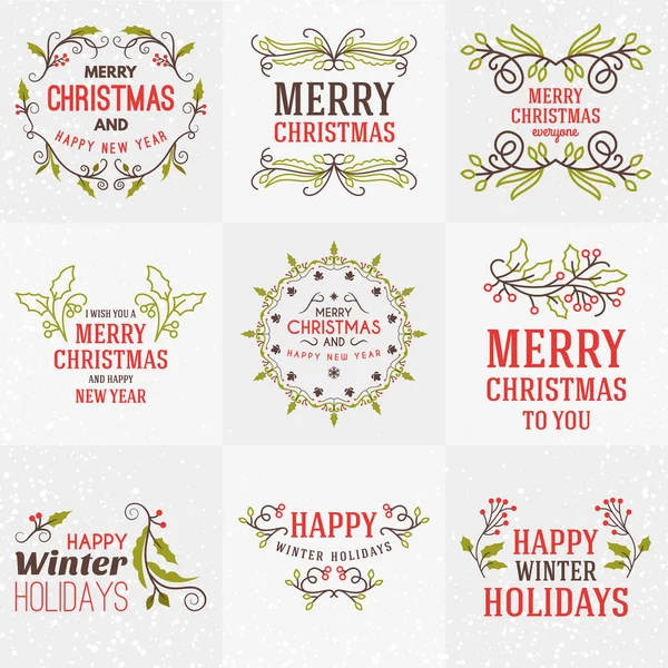Set de Feliz Navidad y Feliz Año Nuevo Insignias Decorativas para Tarjetas de felicitación o Invitaciones. Ilustración vectorial. Elementos de diseño tipográfico. Tema de color rojo, verde y marrón — Vector de stock