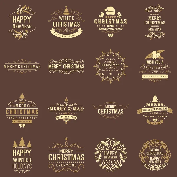 Set von frohen Weihnachten und ein glückliches neues Jahr dekorative Abzeichen für Grußkarten oder Einladungen. Vektorillustration. Typografische Gestaltungselemente — Stockvektor