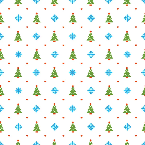 Patrón sin costuras de Navidad con árbol de Navidad y copos de nieve sobre fondo blanco. Fondo vectorial para papel de regalo o tarjetas de felicitación — Archivo Imágenes Vectoriales