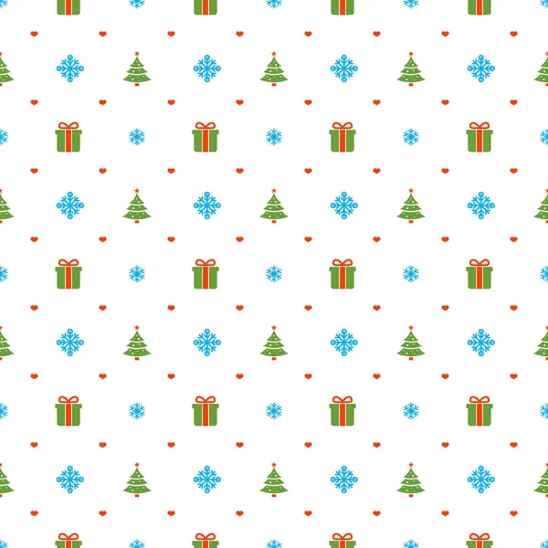 Weihnachten nahtlose Muster mit Weihnachtsbaum und Geschenk auf weißem Hintergrund. Vektor-Hintergrund für Geschenkpapier oder Grußkarten — Stockvektor