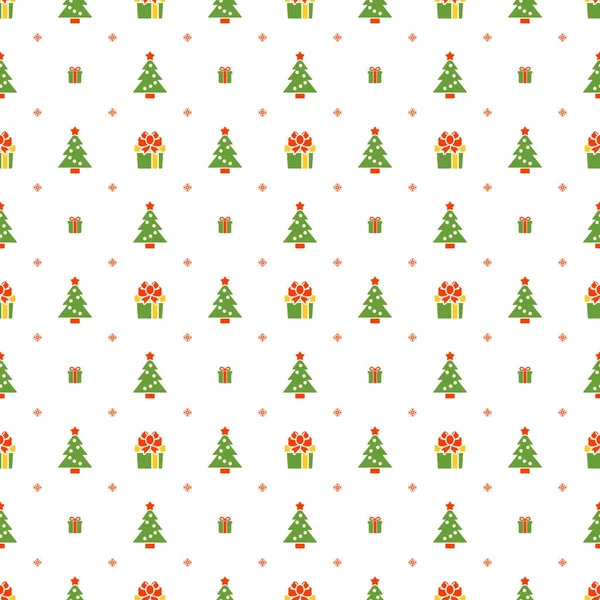Patrón sin costuras de Navidad con árbol de Navidad y regalo sobre fondo blanco. Fondo vectorial para papel de regalo o tarjetas de felicitación — Archivo Imágenes Vectoriales