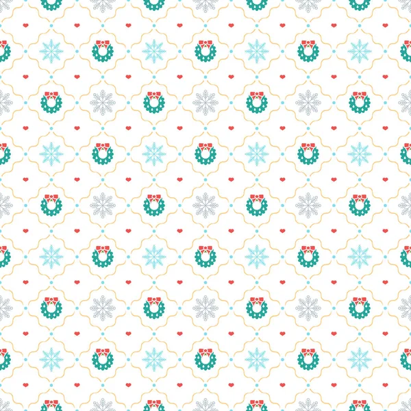 Modèle sans couture de Noël avec couronne de Noël et flocons de neige sur fond blanc. Fond vectoriel pour papier d'emballage ou cartes de vœux — Image vectorielle