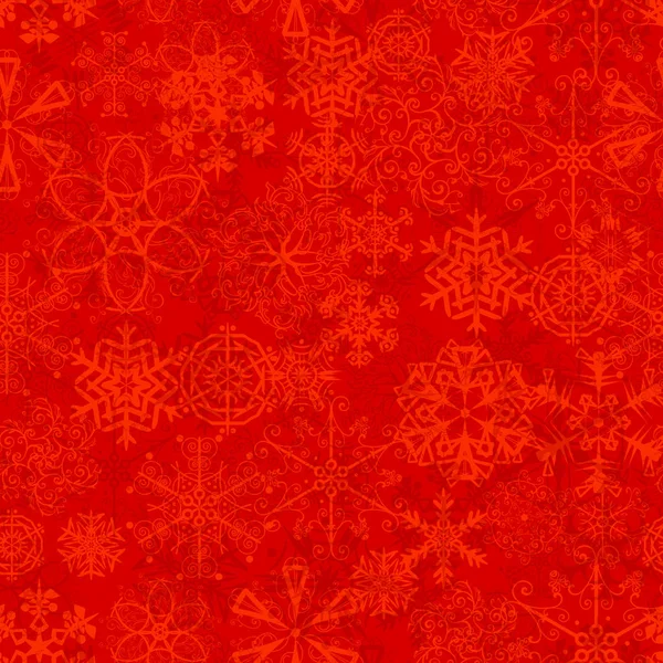 Patrón sin costuras de Navidad con copos de nieve sobre fondo rojo. Fondo vectorial para papel de regalo o tarjetas de felicitación — Archivo Imágenes Vectoriales