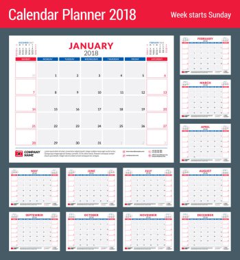 2018 yıl için takvim planlayıcısı. Tasarım yazdırma şablonu. Hafta Pazar günü başlar. İleti örneği tasarımı. 12 ay kümesi