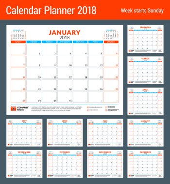 2018 yıl için takvim planlayıcısı. Tasarım yazdırma şablonu. Hafta Pazar günü başlar. İleti örneği tasarımı. 12 ay kümesi