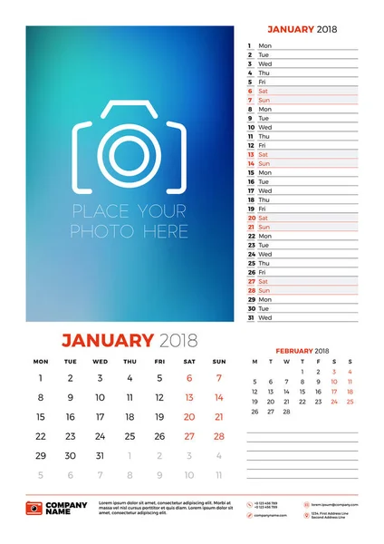 Διάνυσμα πρότυπο planner ημερολόγιο για το έτος 2018. Ιανουαρίου. Διάνυσμα πρότυπο εκτύπωσης σχεδίασης με θέση για φωτογραφία. Εβδομάδα ξεκινά τη Δευτέρα — Διανυσματικό Αρχείο
