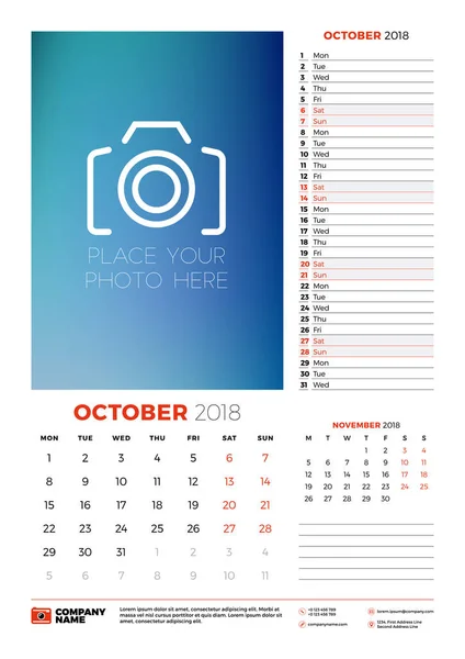 Vektorkalenderplaner-Vorlage für das Jahr 2018. Oktober. Vektor Design Druckvorlage mit Platz für Foto. Woche beginnt am Montag — Stockvektor