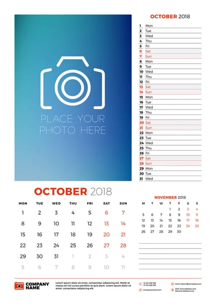 Vektör takvim planlayıcısı şablon 2018 yıl için. Ekim. Vektör tasarım yer için fotoğraf yazdırma şablonu. Hafta Pazartesi günü başlar — Stok Vektör