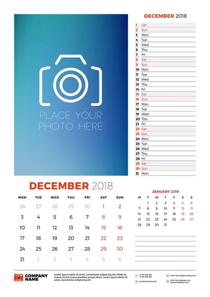 Plantilla de planificador de calendario vectorial para 2018 año. Diciembre. Plantilla de impresión de diseño vectorial con lugar para la foto. La semana comienza el lunes — Vector de stock