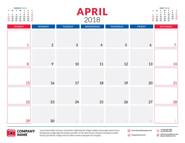Kwietnia 2018 r. Szablon projektu planner kalendarz. Tydzień rozpoczyna się w niedzielę. Projektowanie papeterii — Wektor stockowy