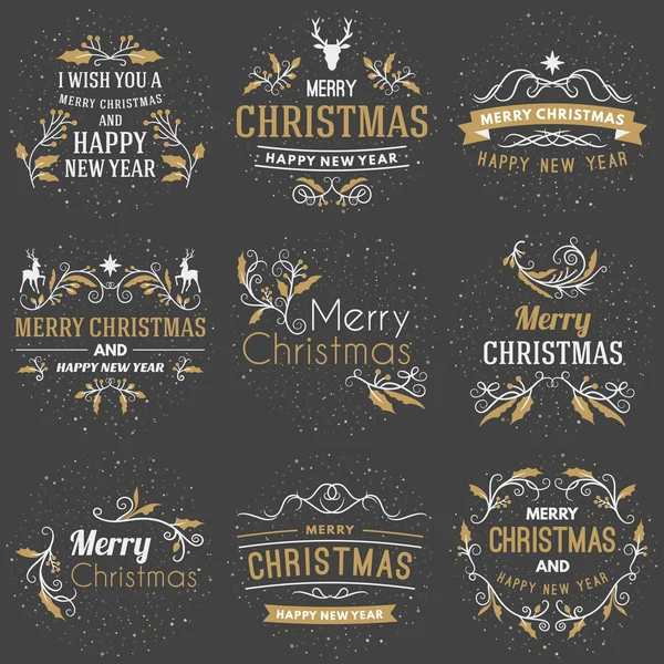 圣诞快乐, 新年欢乐, 贺卡或请柬的装饰徽章。矢量插图。版式设计元素。黑色背景的金色、白色和粉红色主题 — 图库矢量图片