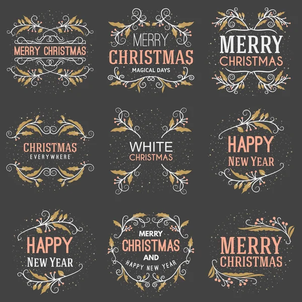 Set von frohen Weihnachten und ein glückliches neues Jahr dekorative Abzeichen für Grußkarten oder Einladungen. Vektorillustration. typografische Gestaltungselemente. goldene, weiße und rosa Farbe Thema auf dunklem Hintergrund — Stockvektor