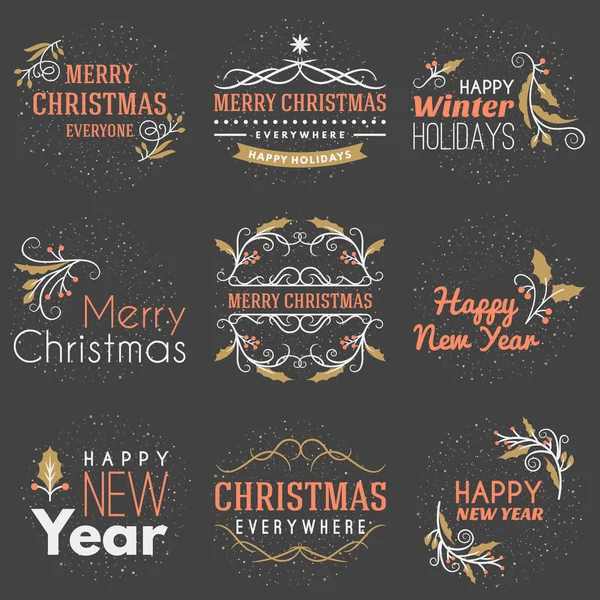 Set von frohen Weihnachten und ein glückliches neues Jahr dekorative Abzeichen für Grußkarten oder Einladungen. Vektorillustration. typografische Gestaltungselemente. goldene, weiße und rosa Farbe Thema auf dunklem Hintergrund — Stockvektor