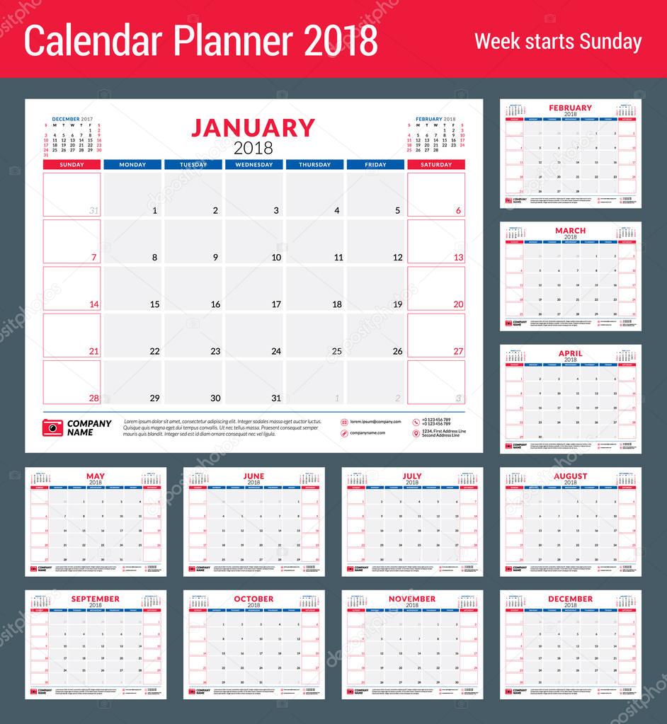 Calendar planner for 2018 year. Design print template. Week starts on Sunday. Stationery design. Set of 12 months