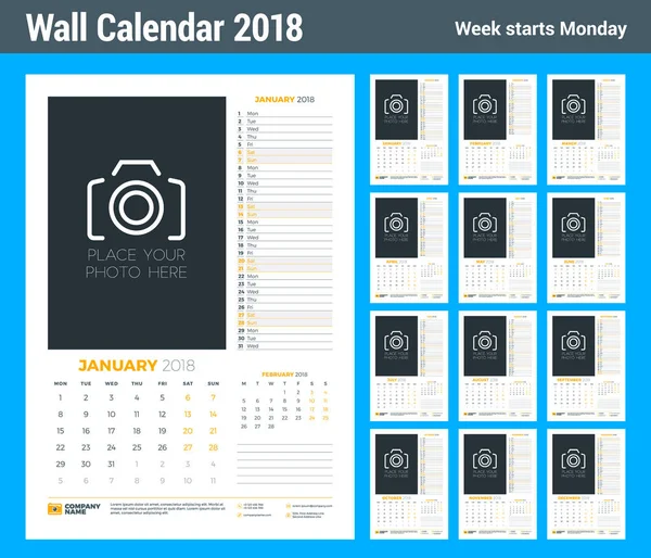 Vektorkalenderplaner-Vorlage für das Jahr 2018. Satz von 12 Monaten. Vektor Design Druckvorlage mit Platz für Foto. Woche beginnt am Montag — Stockvektor