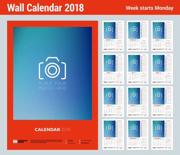 Vektorkalenderplaner-Vorlage für das Jahr 2018. Satz von 12 Monaten. Vektor Design Druckvorlage mit Platz für Foto und Deckblatt. Woche beginnt am Montag — Stockvektor