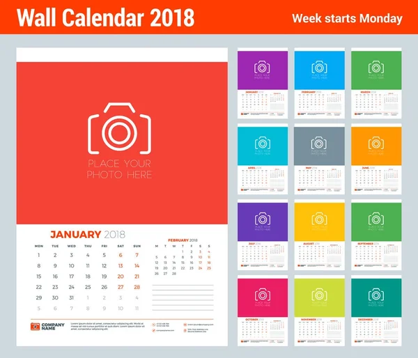 Vektorkalenderplaner-Vorlage für das Jahr 2018. Satz von 12 Monaten. Vektor Design Druckvorlage mit Platz für Foto. Woche beginnt am Montag — Stockvektor