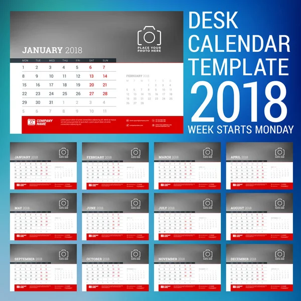 Vektor 2018 Kalenderentwurf Vorlage. Platz für ein Foto. rote und schwarze Farben. zwei Monate auf der Seite. Woche beginnt am Montag — Stockvektor