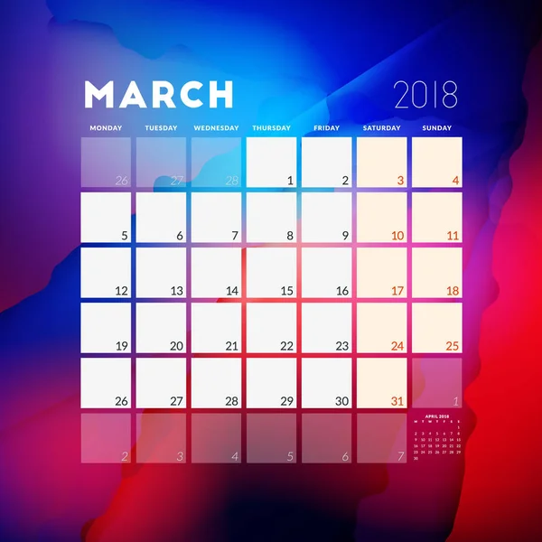 Mars 2018. Planerare design kalendermall med abstrakt bakgrund. Veckan börjar på måndag — Stock vektor