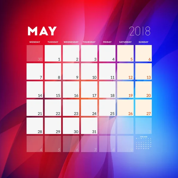 Maj 2018. Planerare design kalendermall med abstrakt bakgrund. Veckan börjar på måndag — Stock vektor