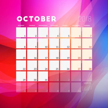 Ekim 2018. Takvim planlayıcısı tasarım şablonu arka plan ile. Hafta Pazartesi günü başlar