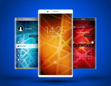 Mobil arayüz duvar kağıdı tasarımı. Soyut vektör arka plan. Modern smartphone uygulama arabirim öğeleri. Metalik, beyaz ve siyah akıllı telefonlar
