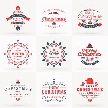 Neşeli Noel ve mutlu yeni yıl dekoratif rozetleri kümesi için tebrik kartları ve davetiyeler. Kırmızı ve gri renklerde vektör çizim