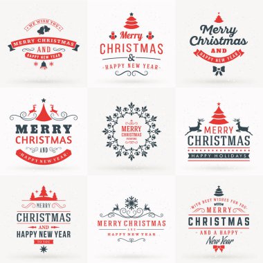 Neşeli Noel ve mutlu yeni yıl dekoratif rozetleri kümesi için tebrik kartları ve davetiyeler. Kırmızı ve gri renklerde vektör çizim