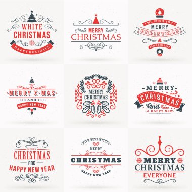 Neşeli Noel ve mutlu yeni yıl dekoratif rozetleri kümesi için tebrik kartları ve davetiyeler. Kırmızı ve gri renklerde vektör çizim