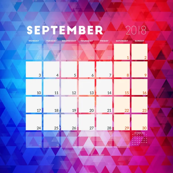 Setembro de 2018. Modelo de design de planejador de calendário com fundo abstrato. Semana começa na segunda — Vetor de Stock