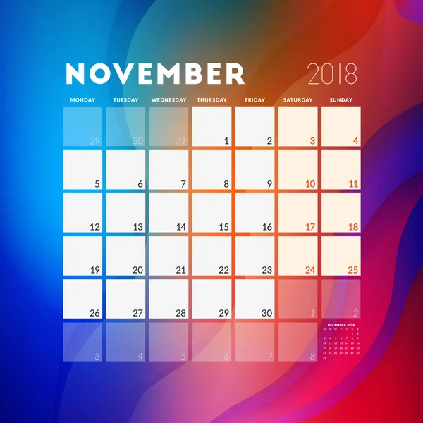 Noviembre de 2018. Plantilla de diseño de planificador de calendario con fondo abstracto. La semana comienza el lunes — Vector de stock