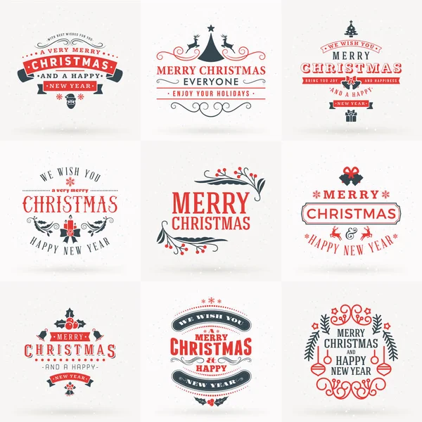 Ensemble d'insignes décoratifs joyeux Noël et bonne année pour cartes de vœux ou invitations. Illustration vectorielle en rouge et gris — Image vectorielle