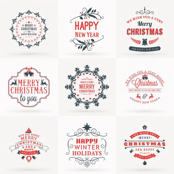 Ensemble d'insignes décoratifs joyeux Noël et bonne année pour cartes de vœux ou invitations. Illustration vectorielle en rouge et gris — Image vectorielle